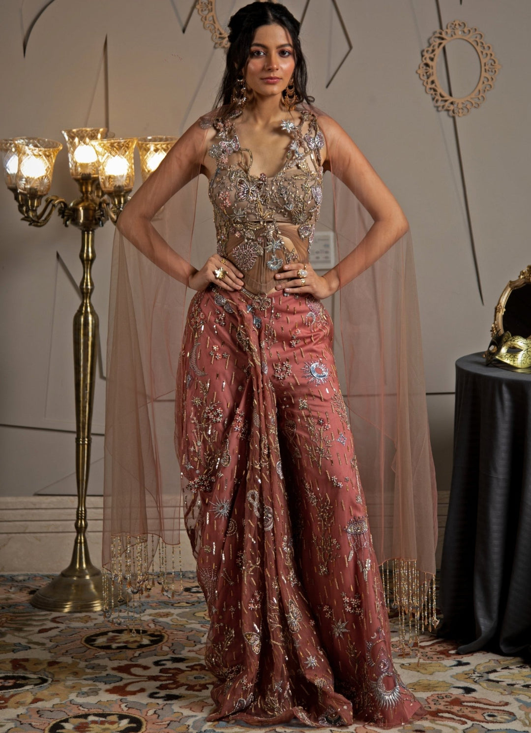 Dusky Pink Embroidered Coord Set With Corset Moledro - Fabilicious Fashion