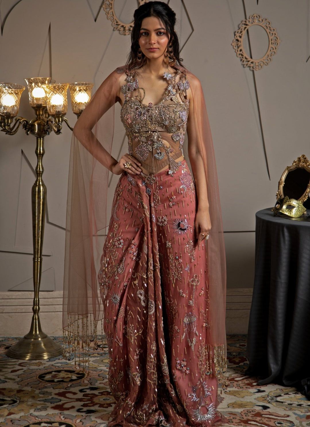 Dusky Pink Embroidered Coord Set With Corset Moledro - Fabilicious Fashion