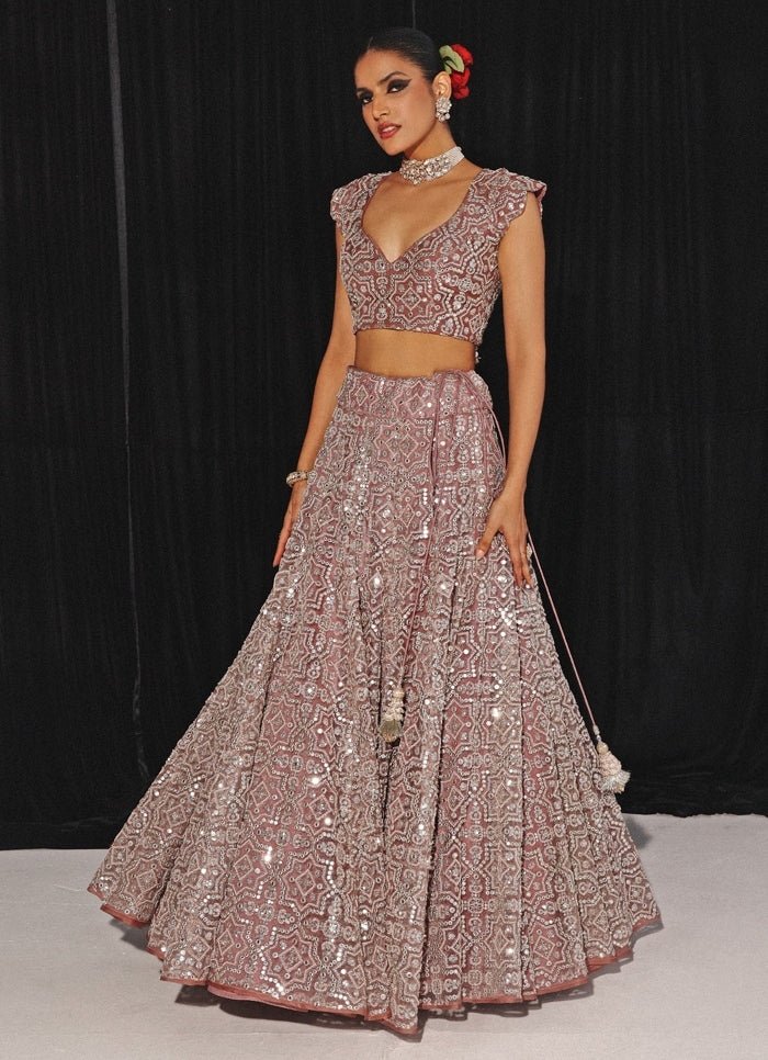 Dusky Pink Mirrorwork And Beadwork Lehenga Set With Cape Twenty Nine - Fabilicious Fashion