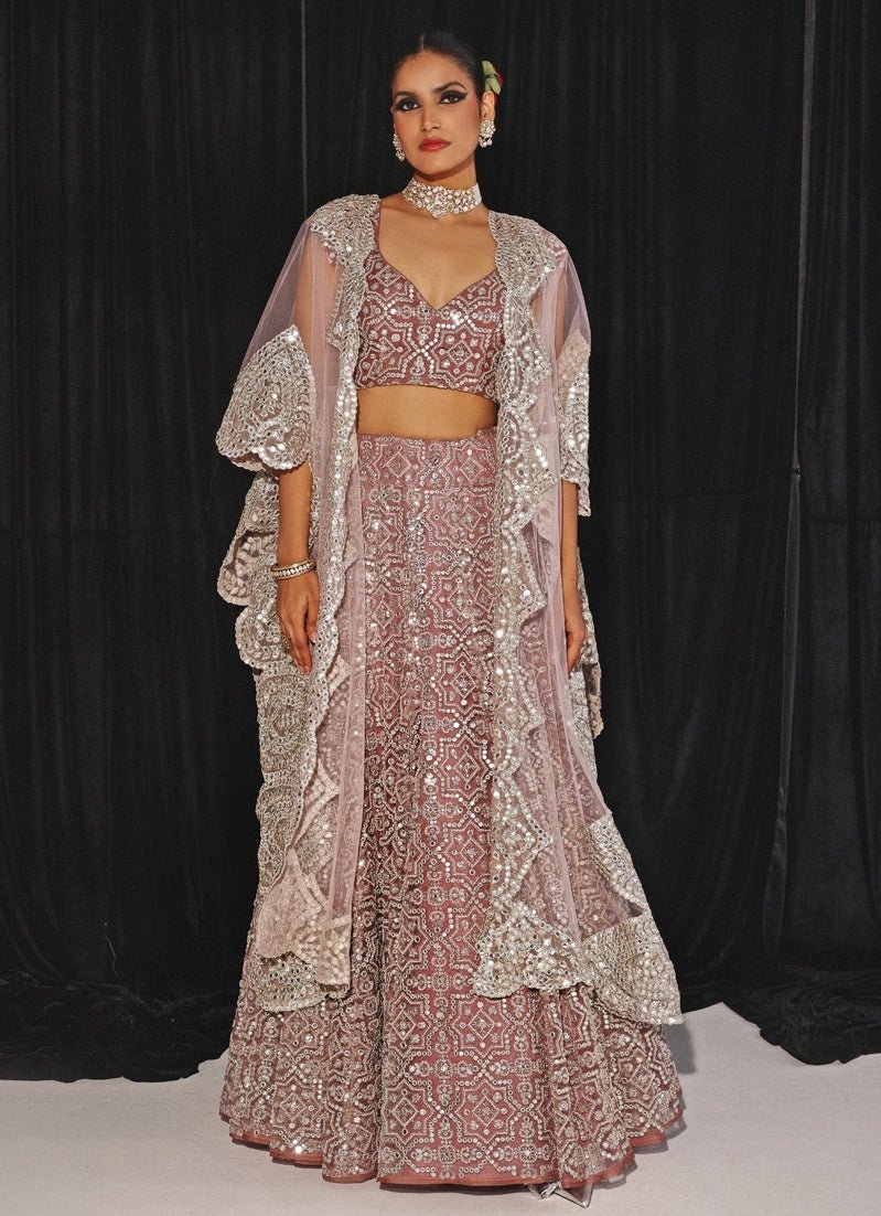 Dusky Pink Mirrorwork And Beadwork Lehenga Set With Cape Twenty Nine - Fabilicious Fashion
