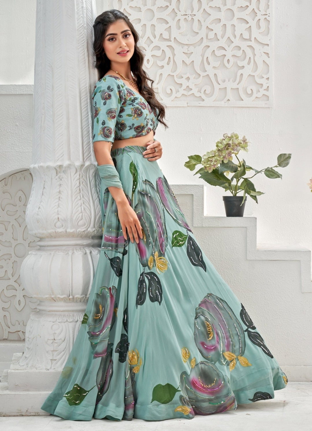 Dusty Blue Hand Painted Georgette Lehenga Set Priti Sahni - Fabilicious Fashion