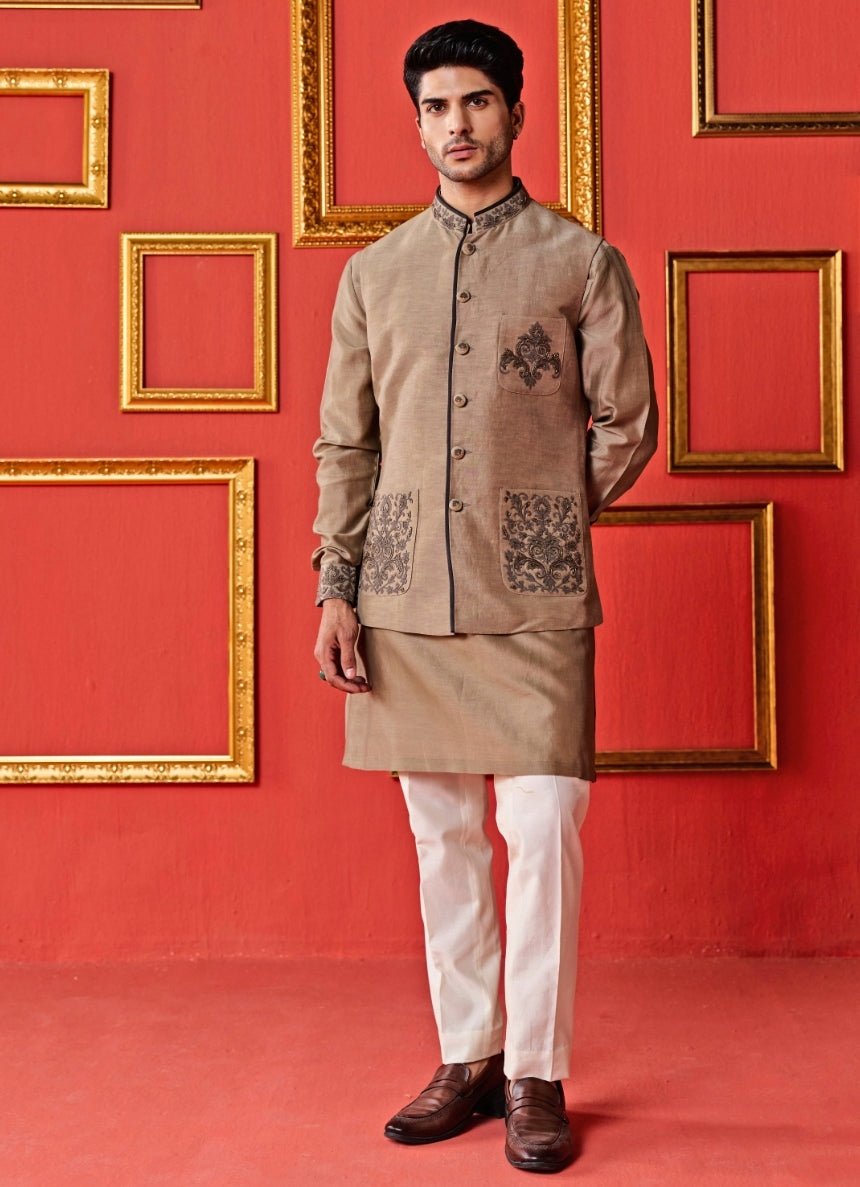 Studio Bagechaa - Men Dusty Brown Linen Satin Nehru Jacket SetFabilicious Fashion