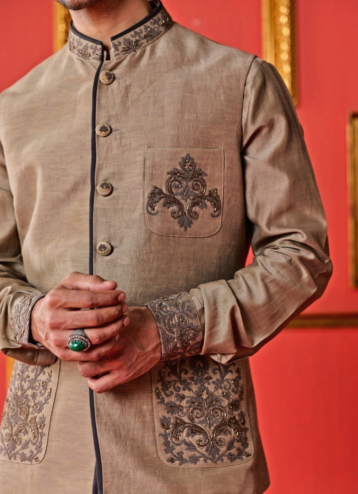 Studio Bagechaa - Men Dusty Brown Linen Satin Nehru Jacket SetFabilicious Fashion