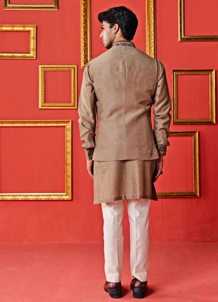 Studio Bagechaa - Men Dusty Brown Linen Satin Nehru Jacket SetFabilicious Fashion