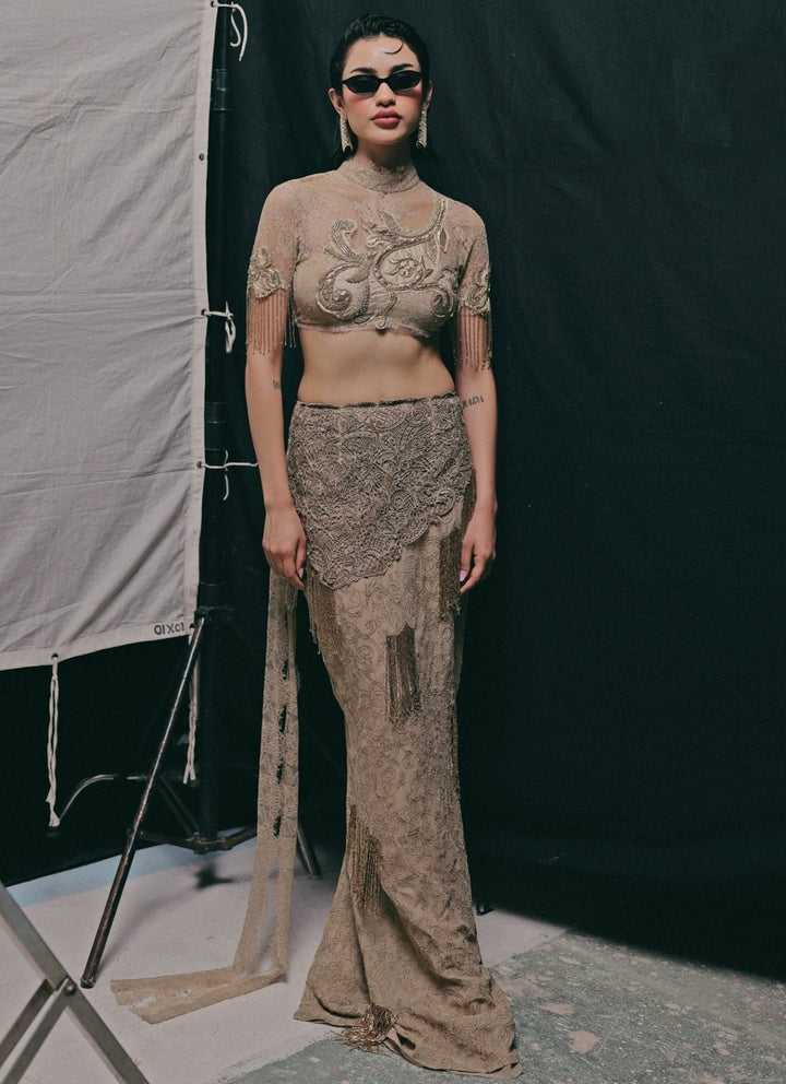 The Little Black Bow Dusty Gold Georgette Silk Pencil Skirt SetFabilicious Fashion