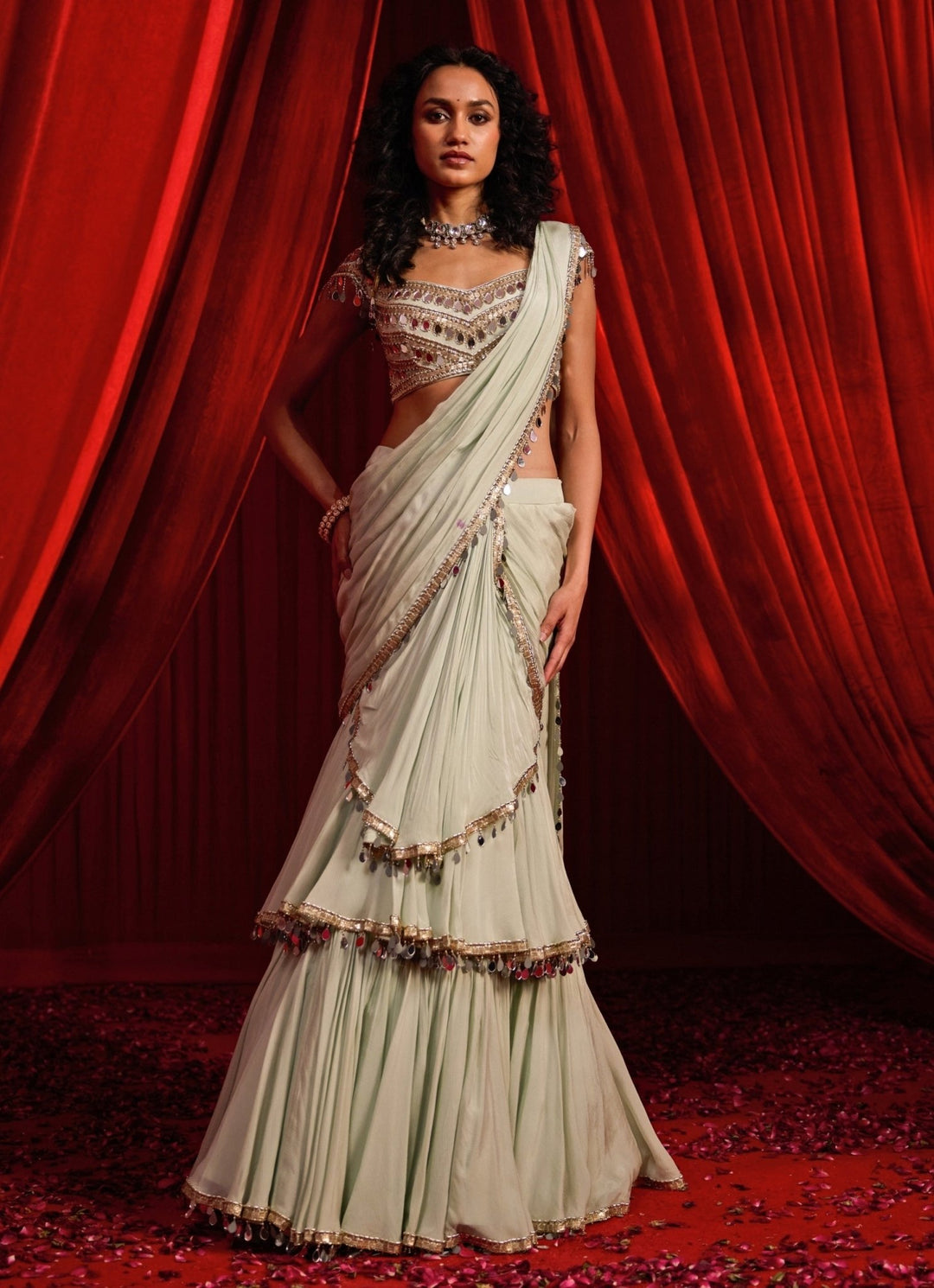 Dusty Green Chiffon Pre - Draped Saree Nidhika Shekhar - Fabilicious Fashion