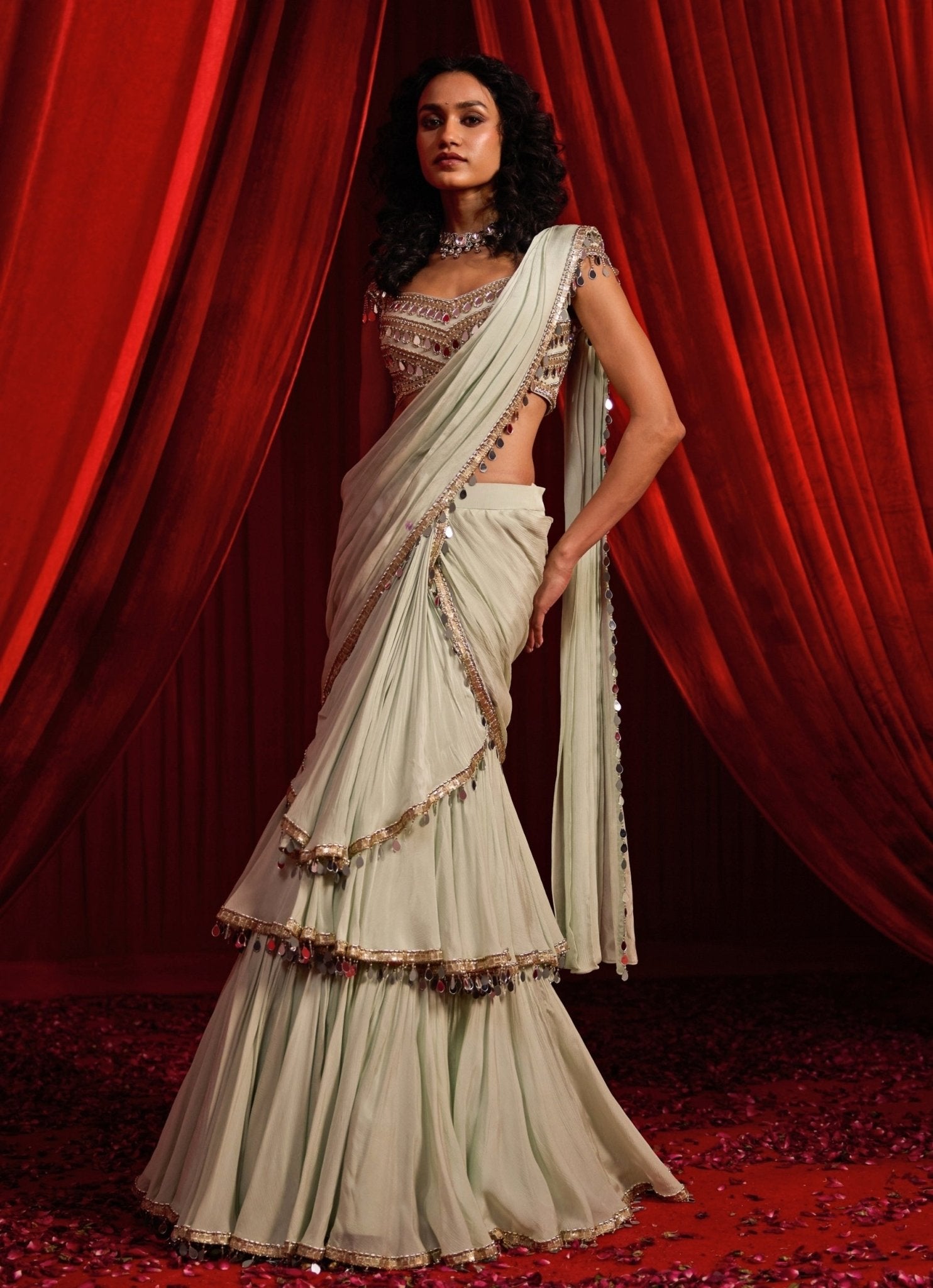 Dusty green chiffon pre draped saree for petite women