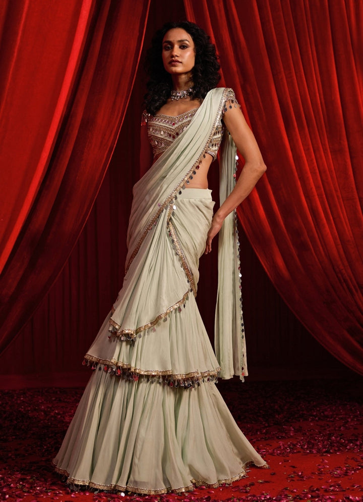 Dusty Green Chiffon Pre - Draped Saree Nidhika Shekhar - Fabilicious Fashion