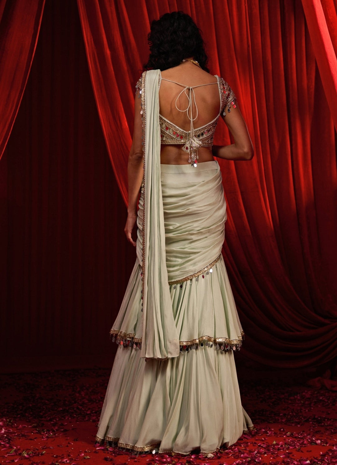 Dusty Green Chiffon Pre - Draped Saree Nidhika Shekhar - Fabilicious Fashion