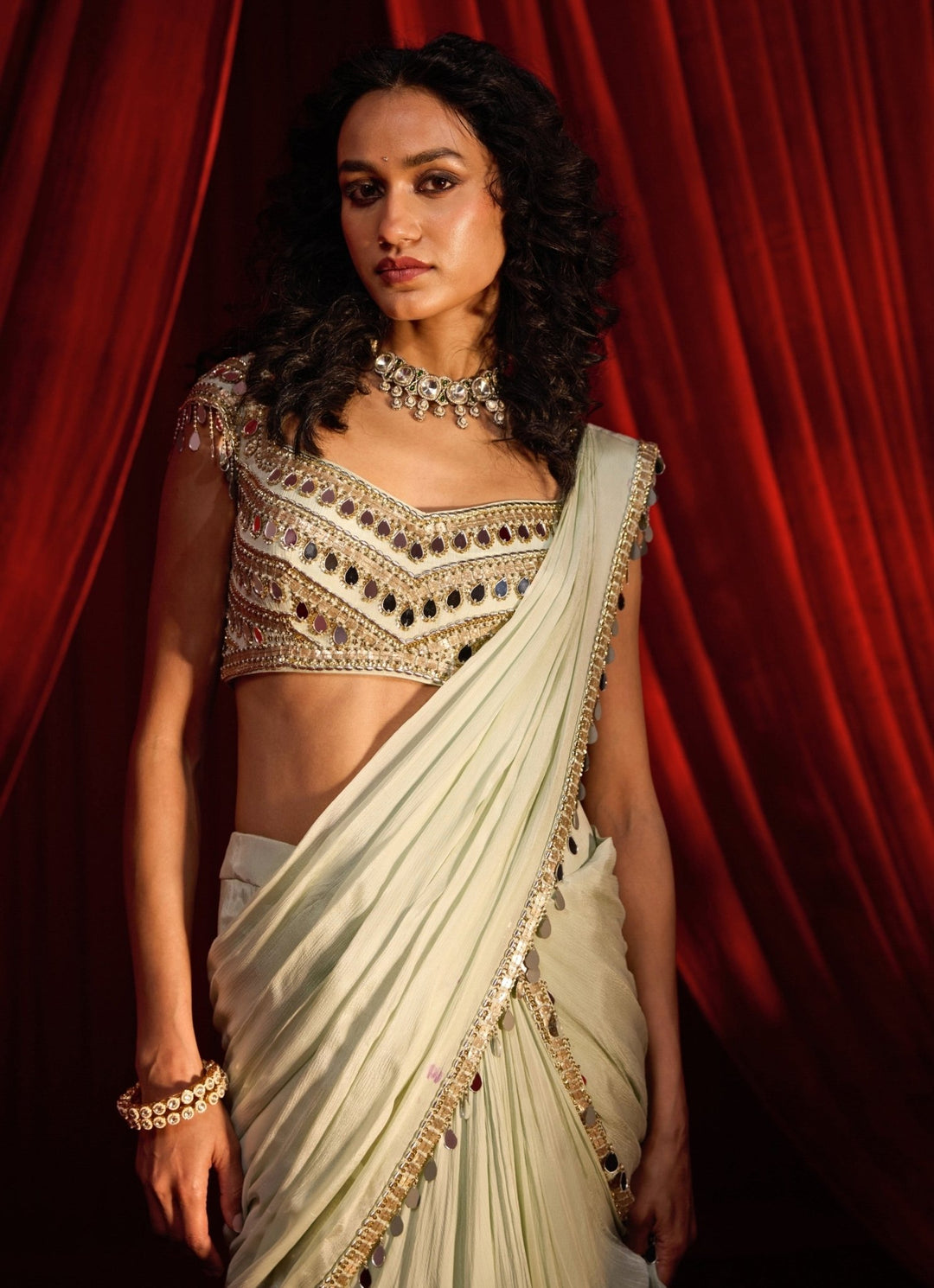 Dusty Green Chiffon Pre - Draped Saree Nidhika Shekhar - Fabilicious Fashion