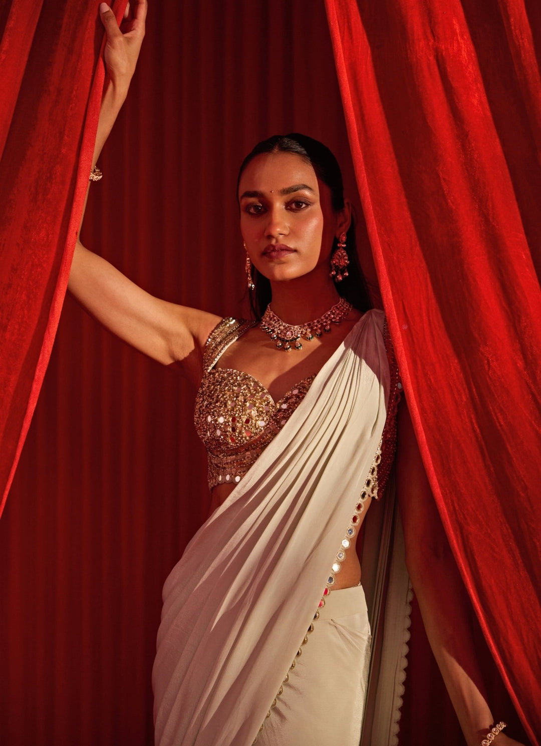Nidhika Shekhar Dusty Green Crepe Pre - Draped SareeFabilicious Fashion