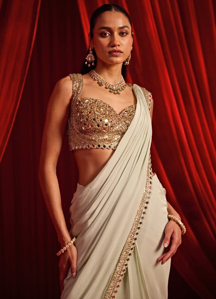 Nidhika Shekhar Dusty Green Crepe Pre - Draped SareeFabilicious Fashion