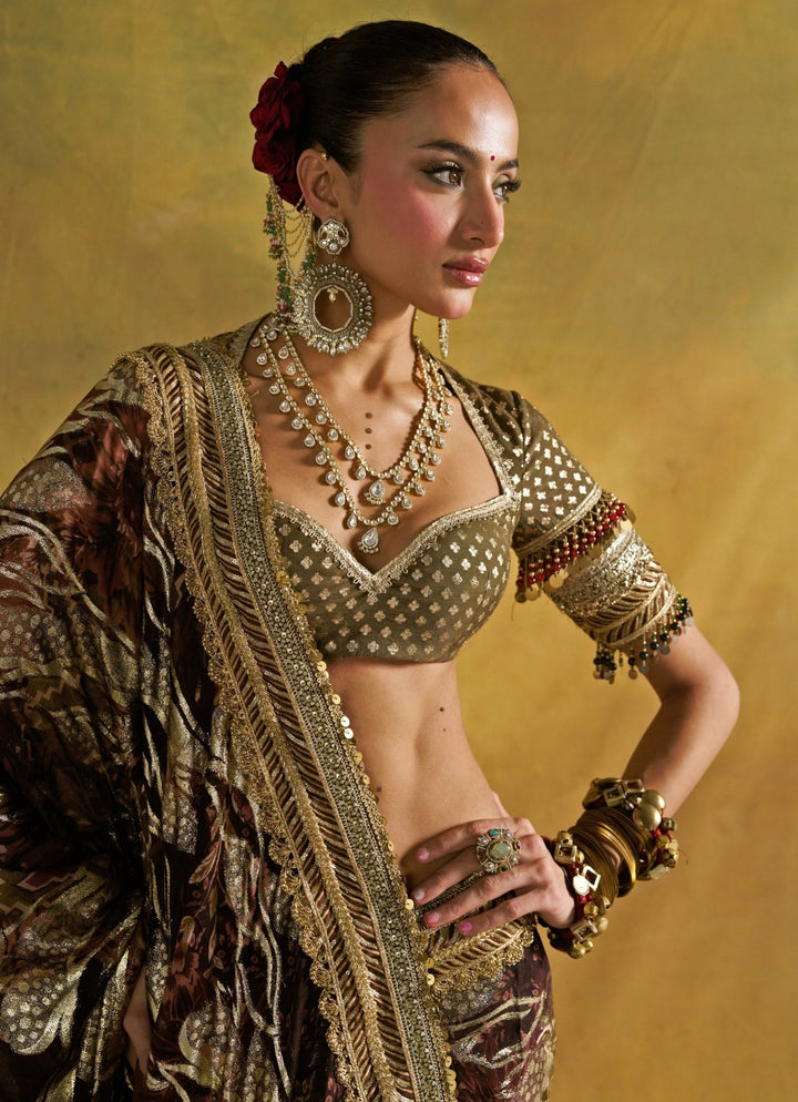 Rishi and Vibhuti Dusty Green Georgette Jacquard SareeFabilicious Fashion