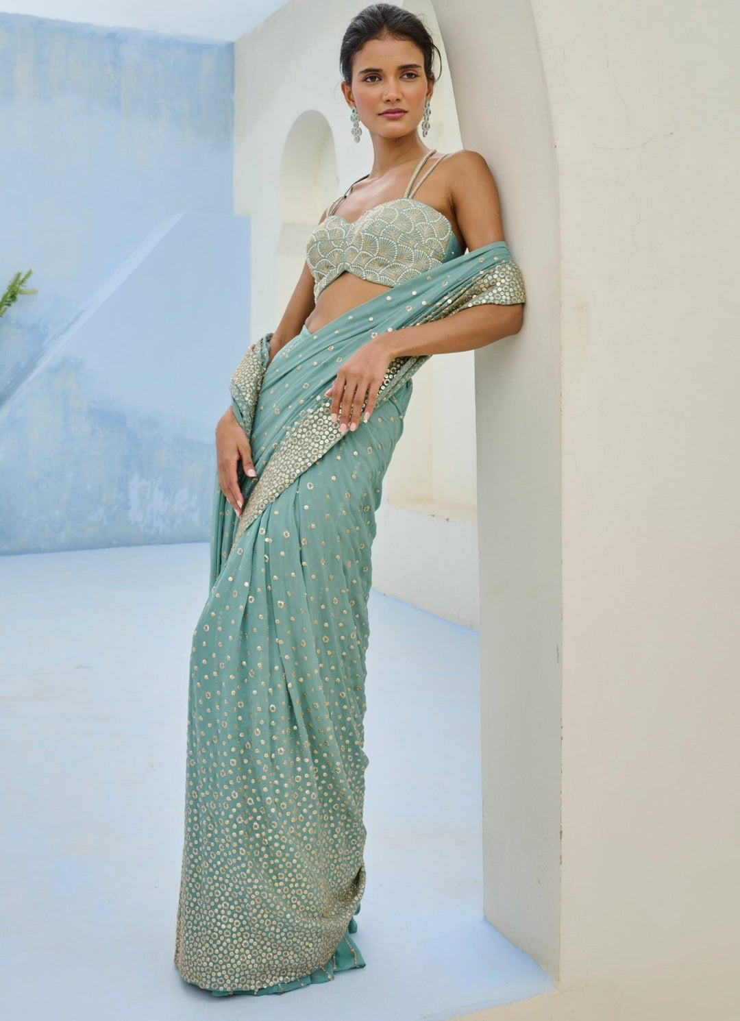 Dusty Green Georgette Predraped Saree Set Chamee and Palak - Fabilicious Fashion