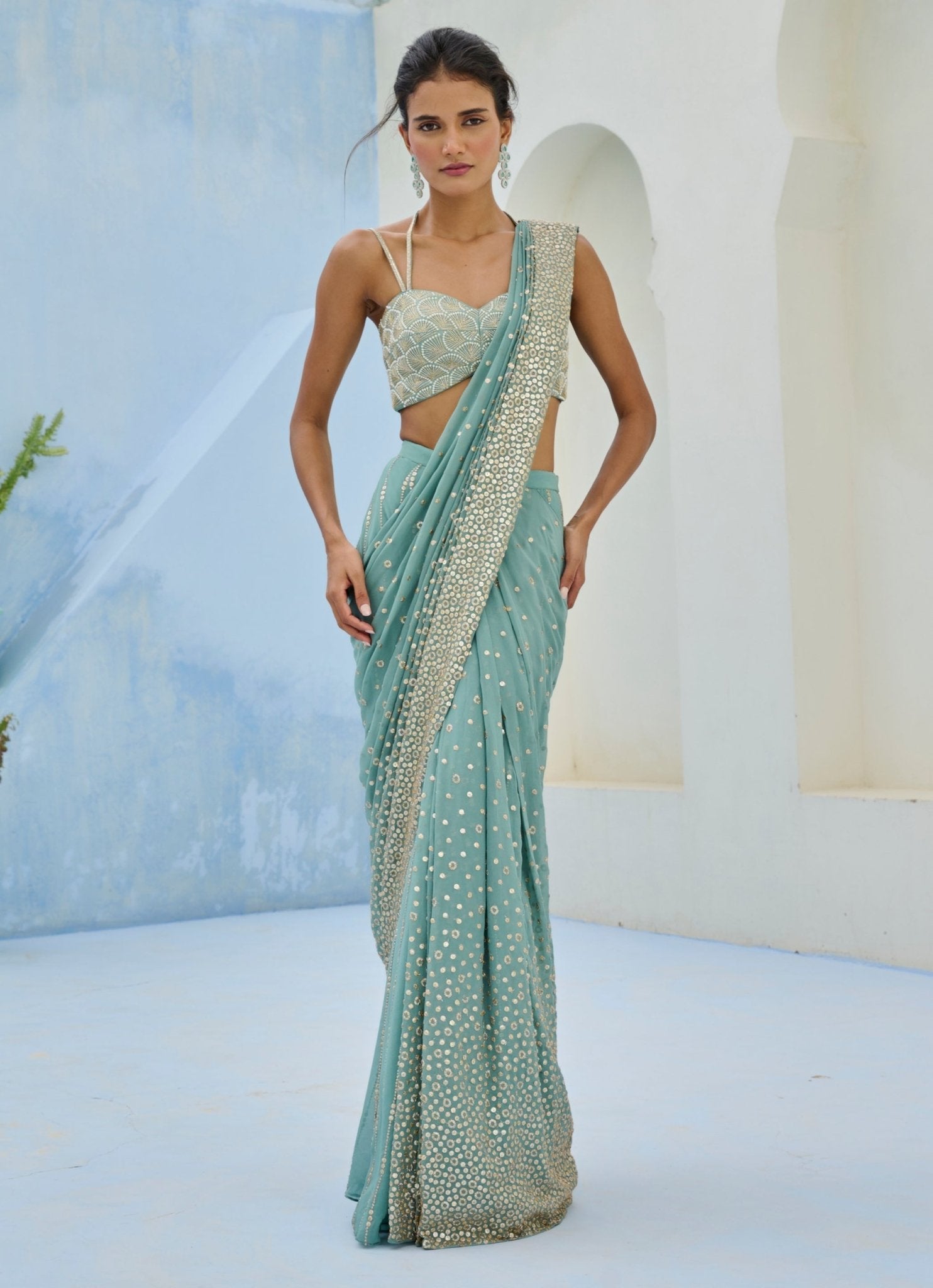 Dusty green georgette pre-draped saree set Chamee Palak designer wear