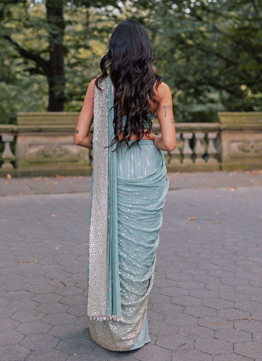 Dusty Green Georgette Predraped Saree Chamee and Palak - Fabilicious Fashion