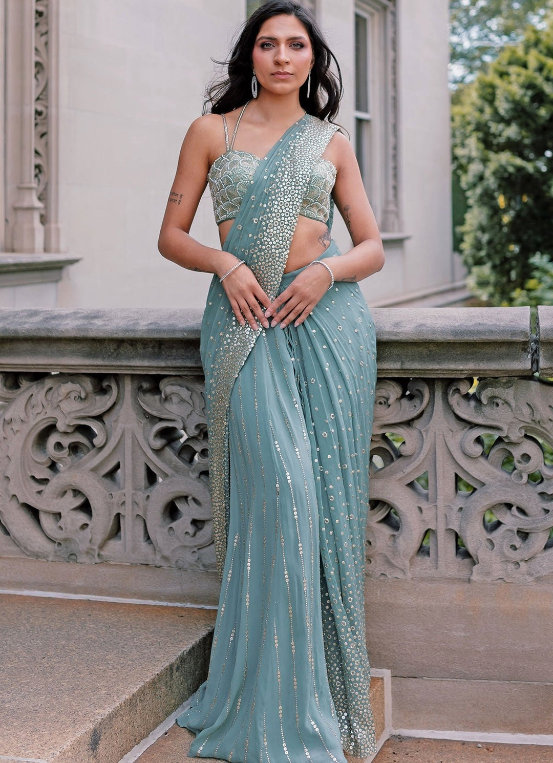 Dusty Green Georgette Predraped Saree Chamee and Palak - Fabilicious Fashion