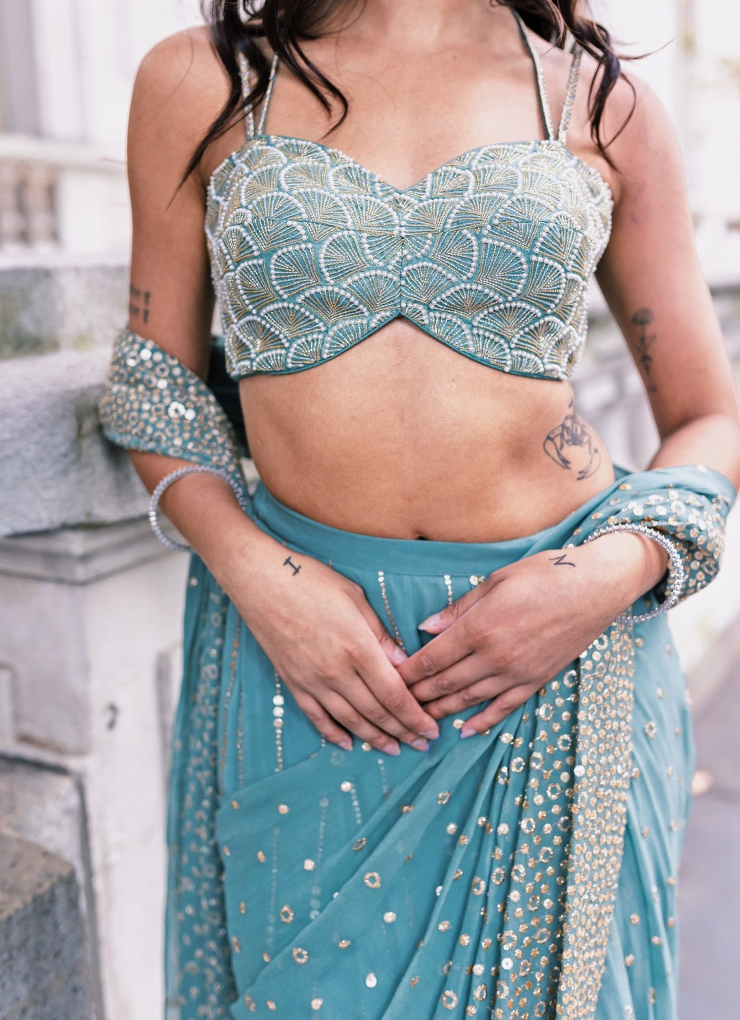 Dusty Green Georgette Predraped Saree Chamee and Palak - Fabilicious Fashion