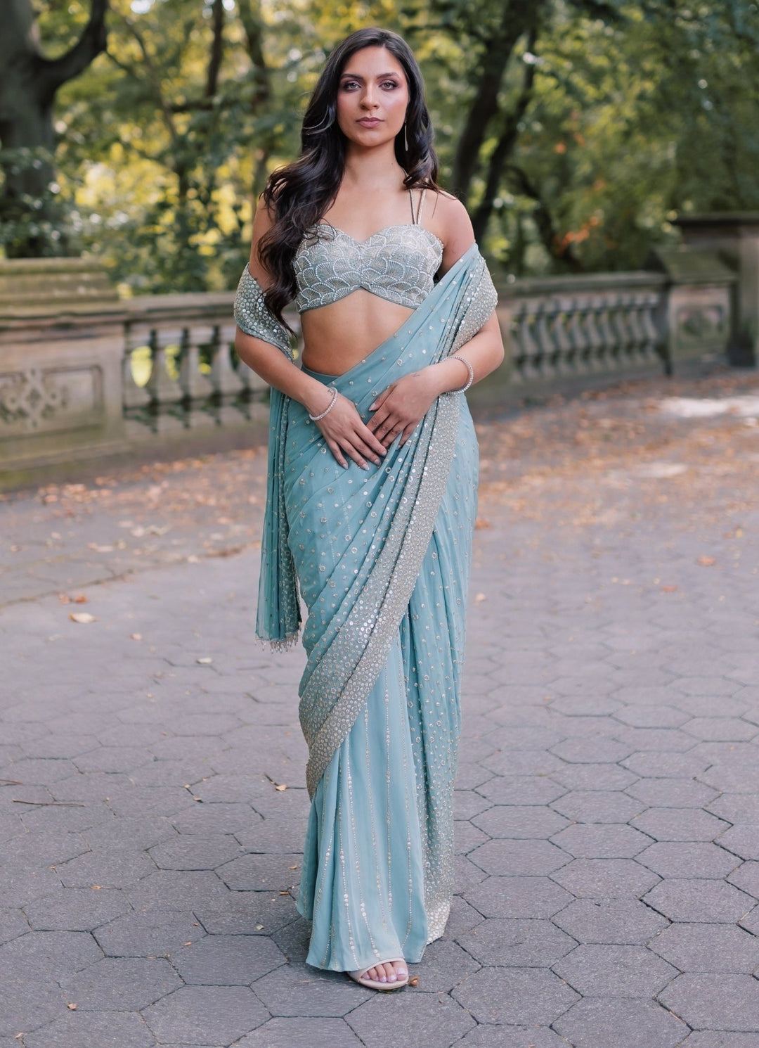 Dusty Green Georgette Predraped Saree Chamee and Palak - Fabilicious Fashion