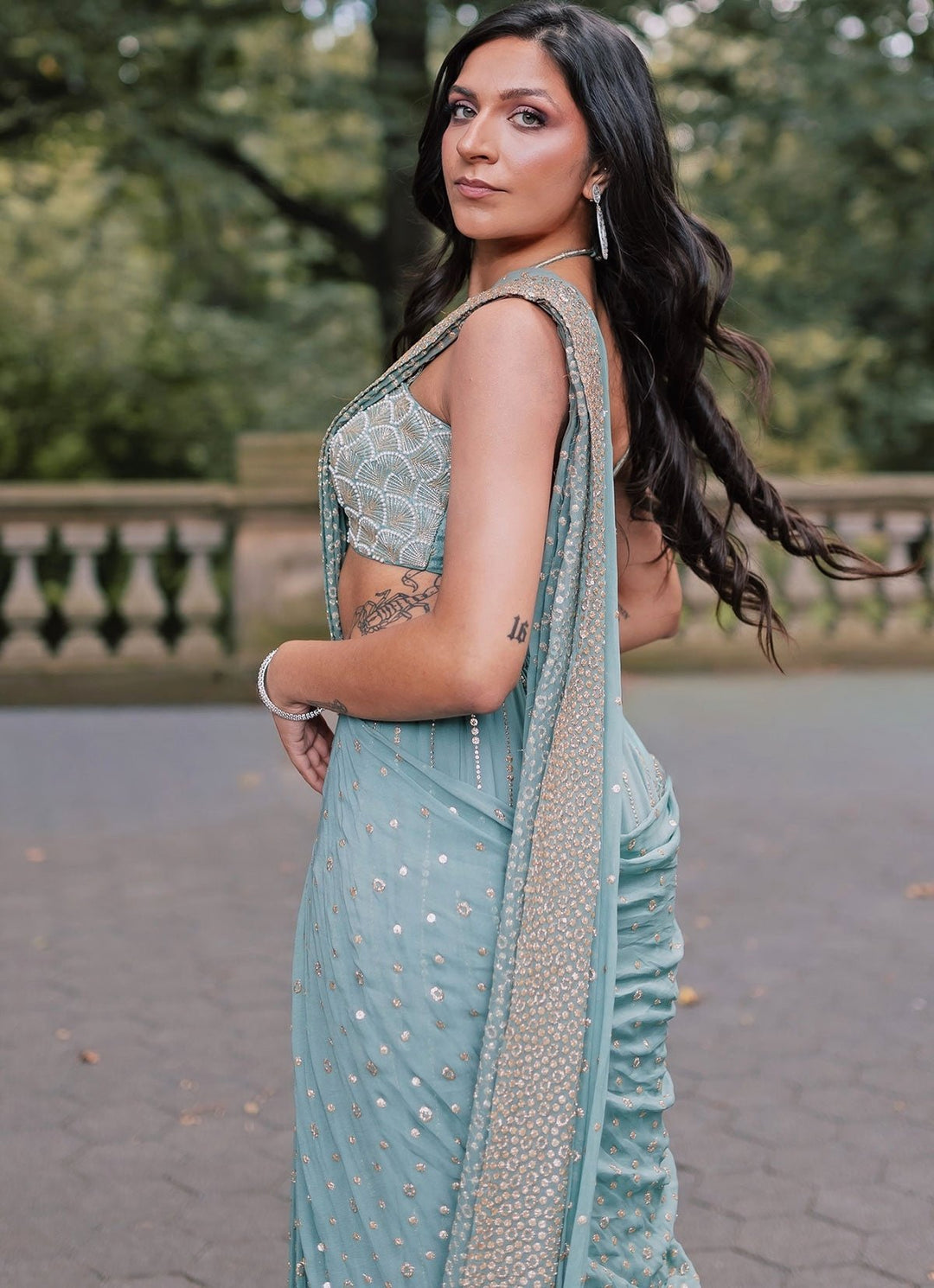 Dusty Green Georgette Predraped Saree Chamee and Palak - Fabilicious Fashion