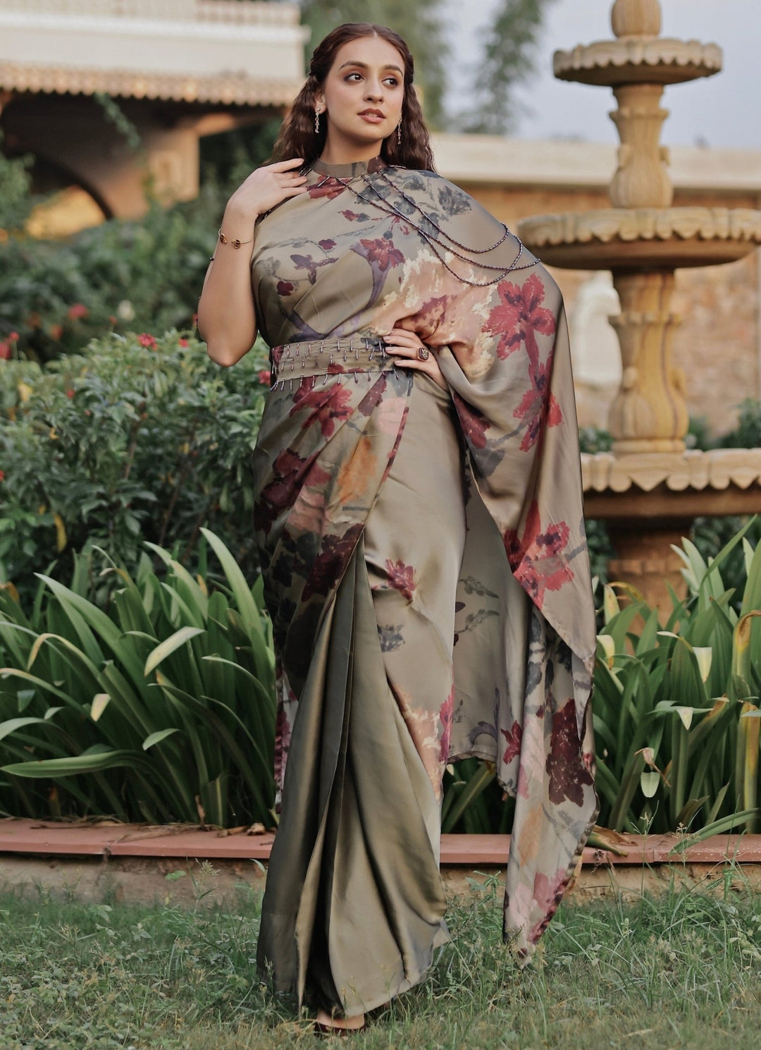 Studio Surbhi Dusty Green Georgette Satin Pre-Draped Collar SareeFabilicious Fashion