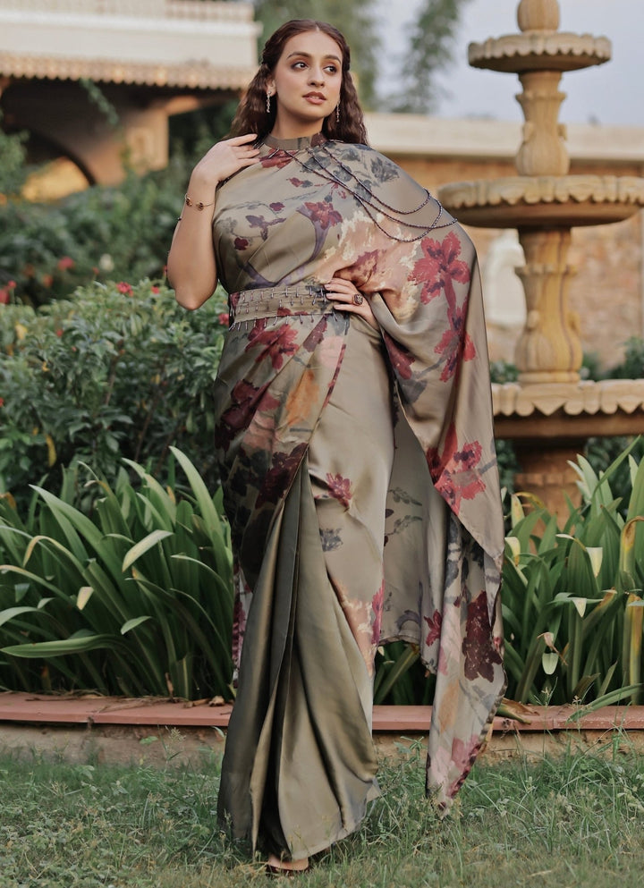 Studio Surbhi Dusty Green Georgette Satin Pre-Draped Collar SareeFabilicious Fashion