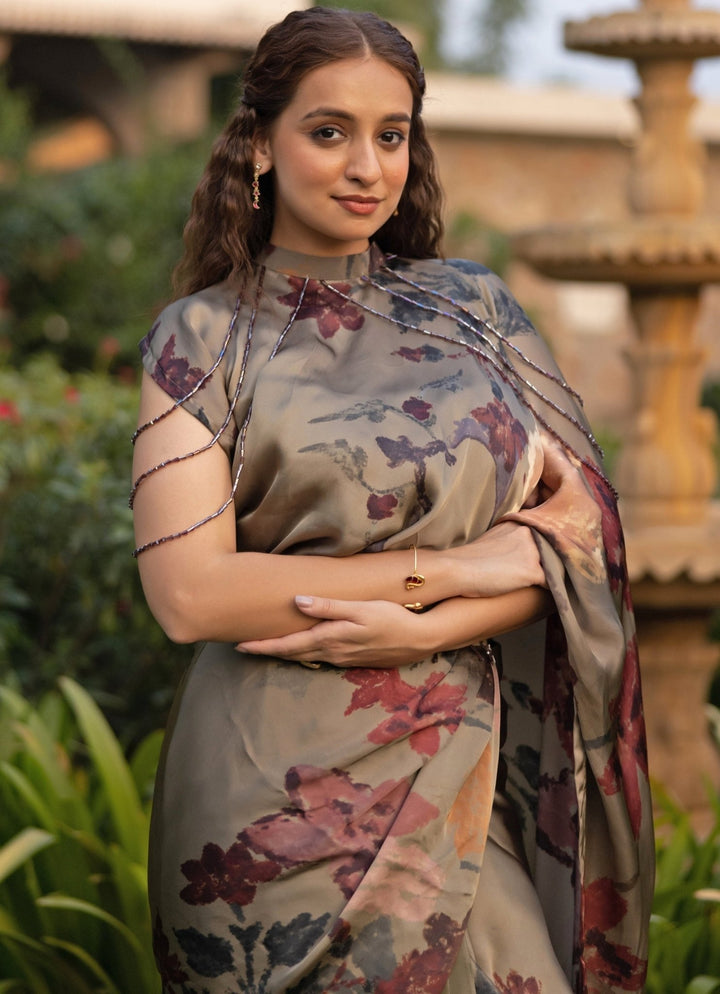 Studio Surbhi Dusty Green Georgette Satin Pre-Draped Collar SareeFabilicious Fashion