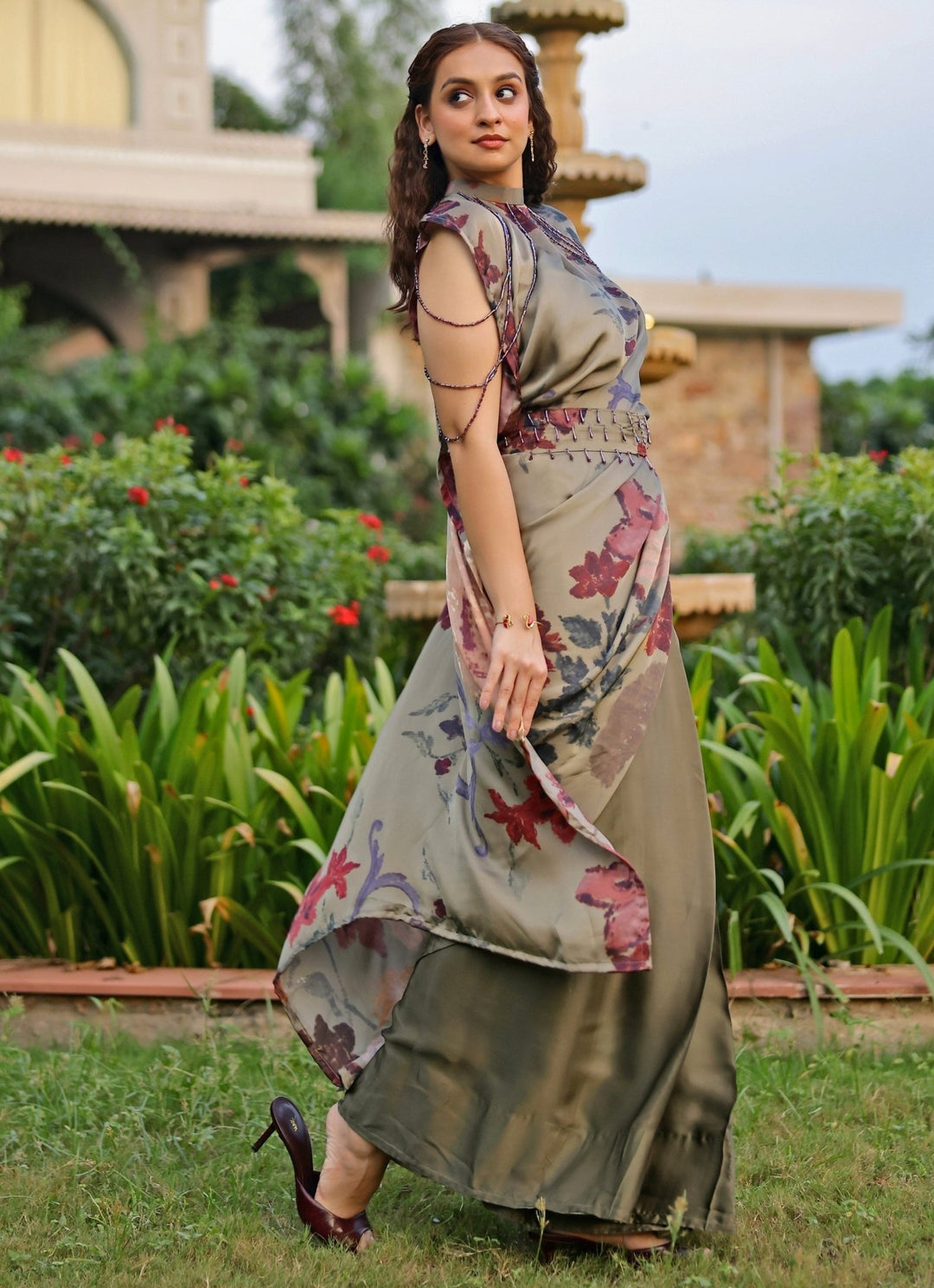 Studio Surbhi Dusty Green Georgette Satin Pre-Draped Collar SareeFabilicious Fashion