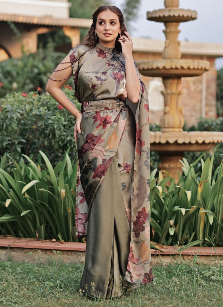 Studio Surbhi Dusty Green Georgette Satin Pre-Draped Collar SareeFabilicious Fashion