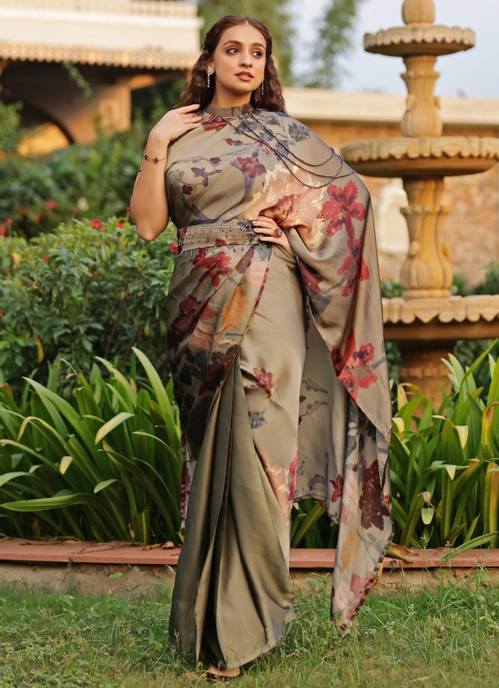 Studio Surbhi Dusty Green Georgette Satin Pre-Draped Collar SareeFabilicious Fashion