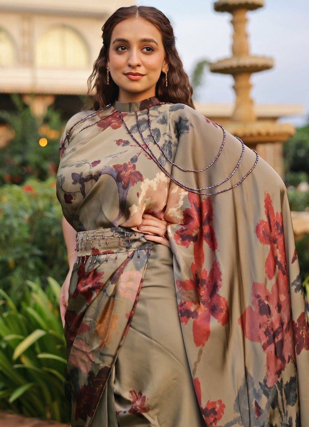 Studio Surbhi Dusty Green Georgette Satin Pre-Draped Collar SareeFabilicious Fashion