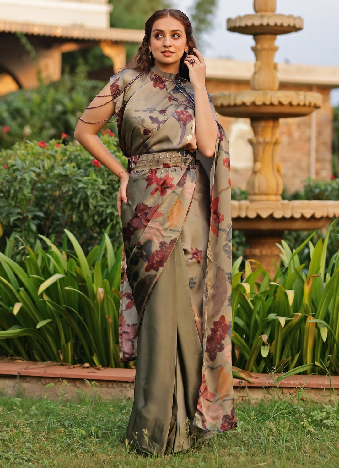 Studio Surbhi Dusty Green Georgette Satin Pre-Draped Collar SareeFabilicious Fashion
