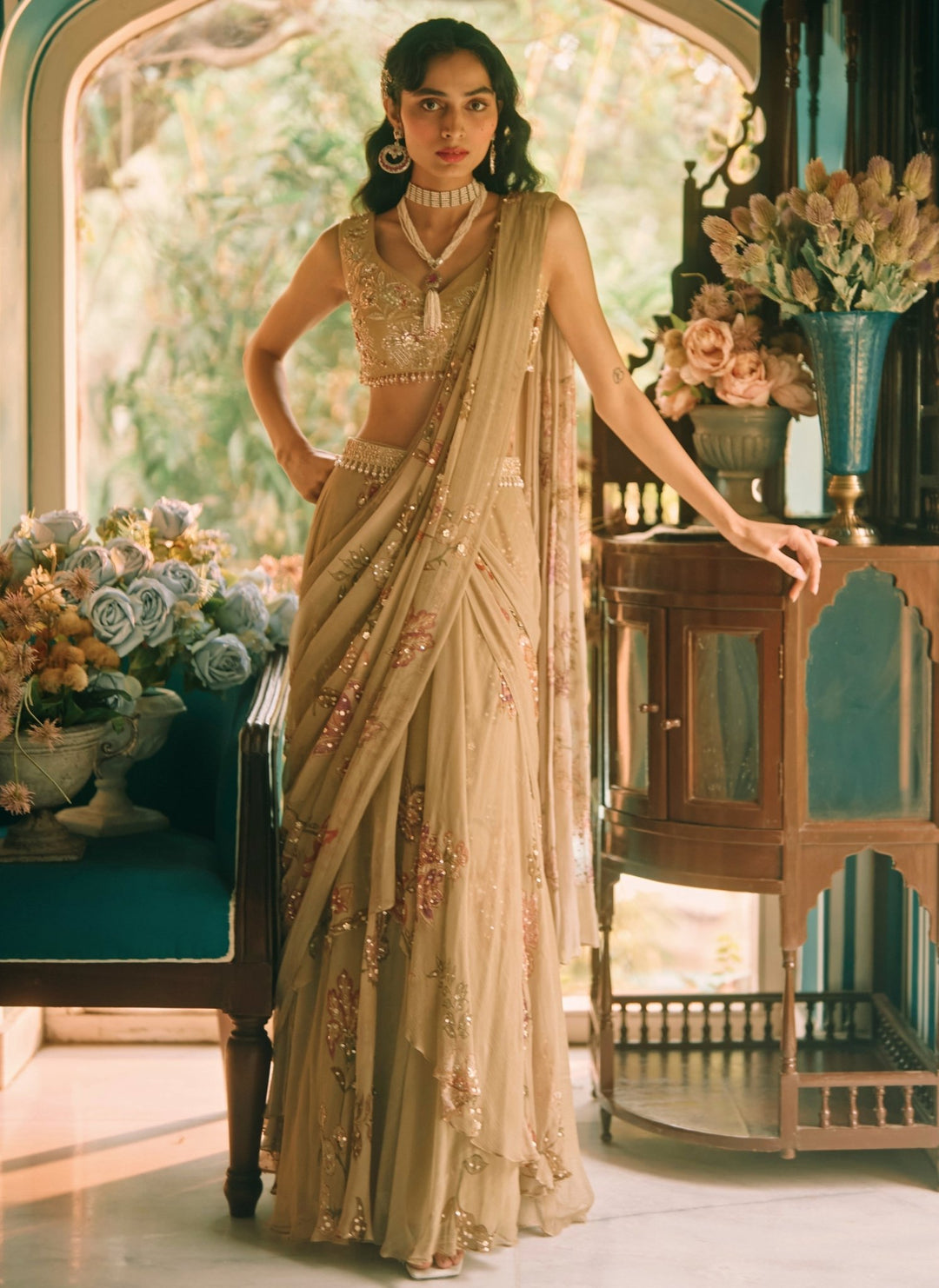 Paulmi and Harsh Dusty Green Printed Chiffon Pre-Draped SareeFabilicious Fashion