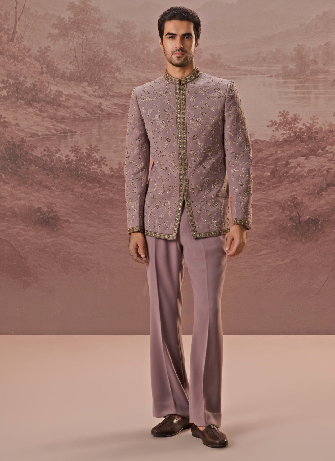 Contrast by Parth Dusty Lavender Lycra Suiting Bandhgala SetFabilicious Fashion