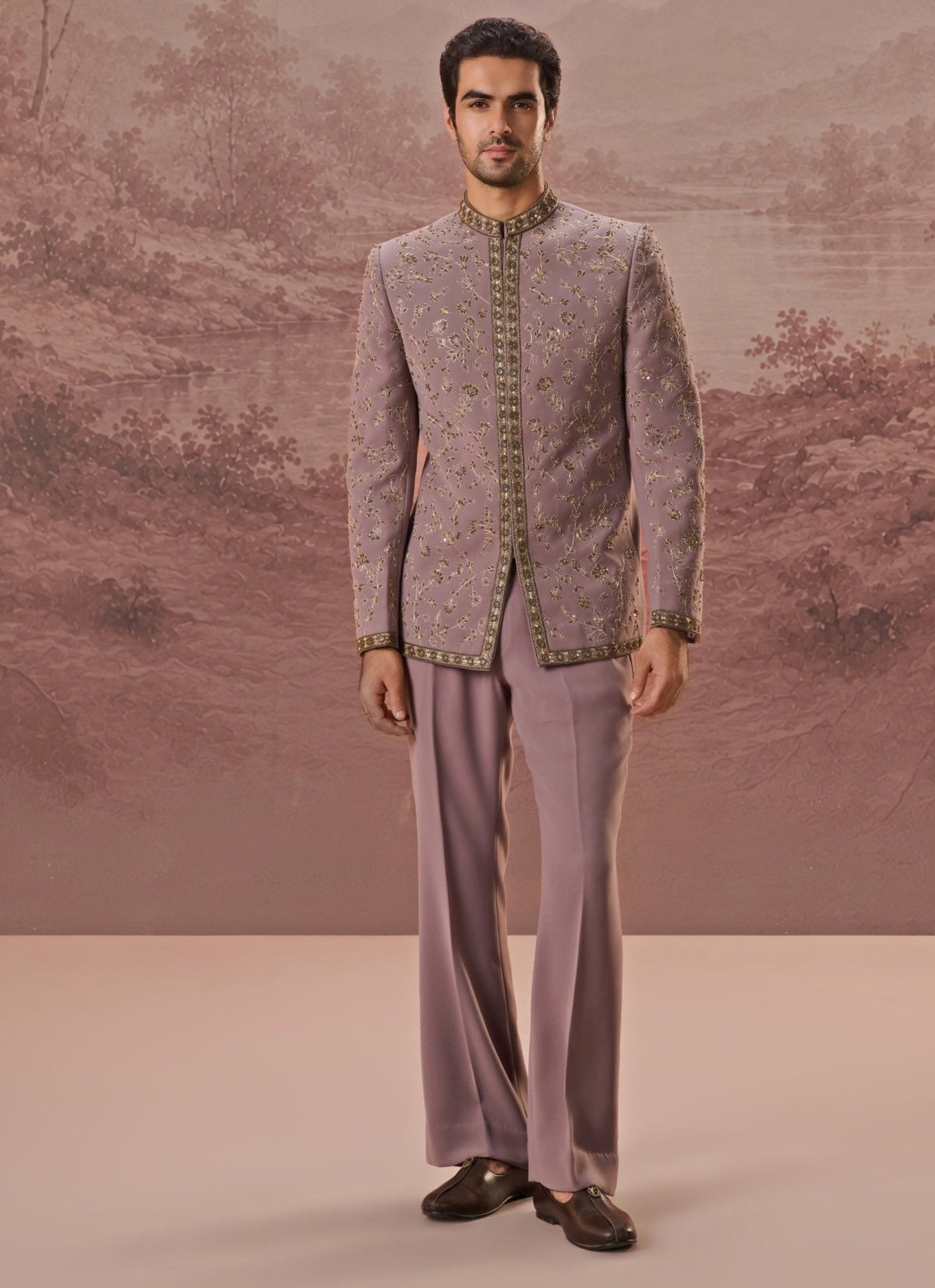 Dusty lavender lycra suiting bandhgala set for men by Contrast by Parth