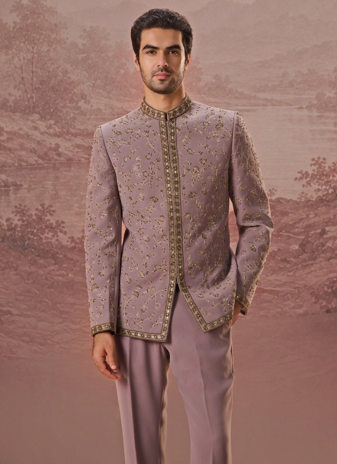 Contrast by Parth Dusty Lavender Lycra Suiting Bandhgala SetFabilicious Fashion