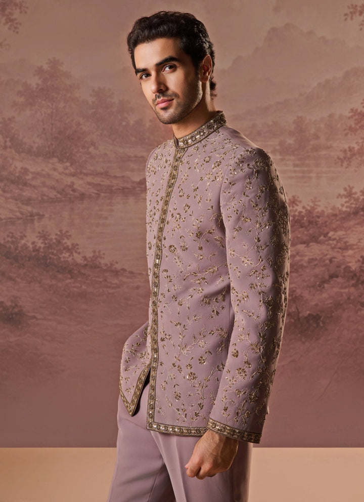 Contrast by Parth Dusty Lavender Lycra Suiting Bandhgala SetFabilicious Fashion