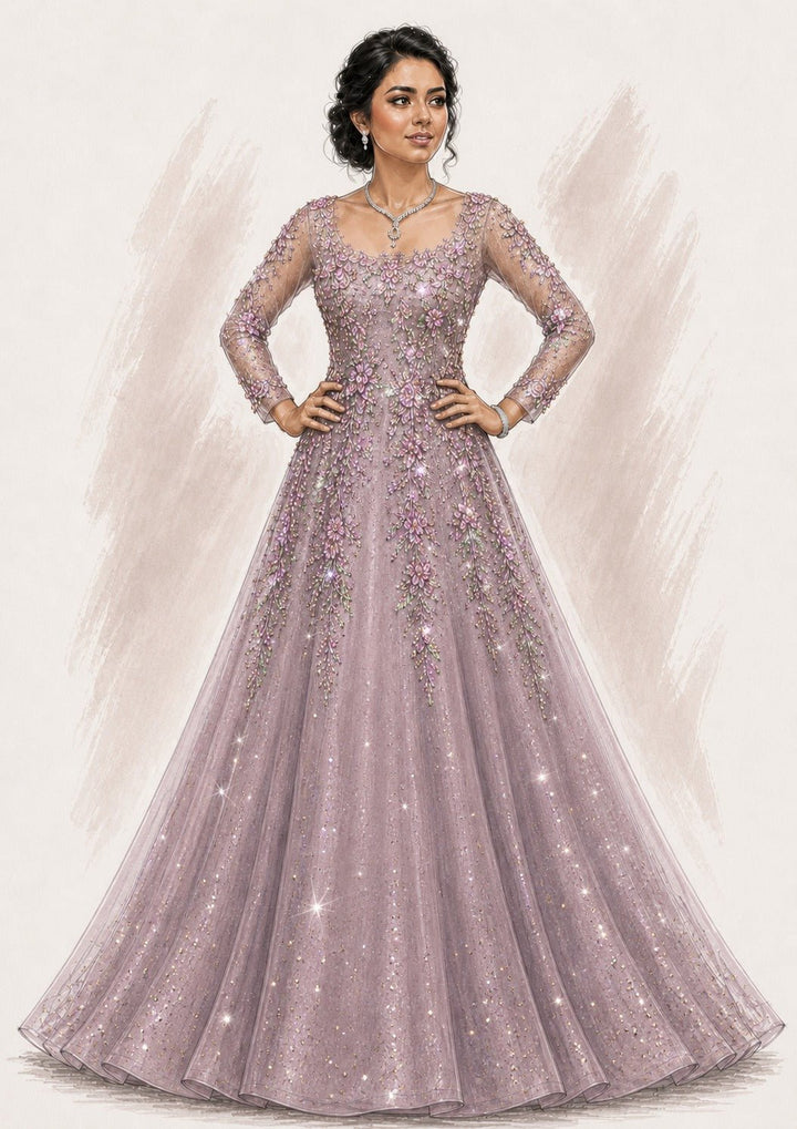 Anisha Shetty Dusty Lavender Shimmer Georgette AnarkaliFabilicious Fashion
