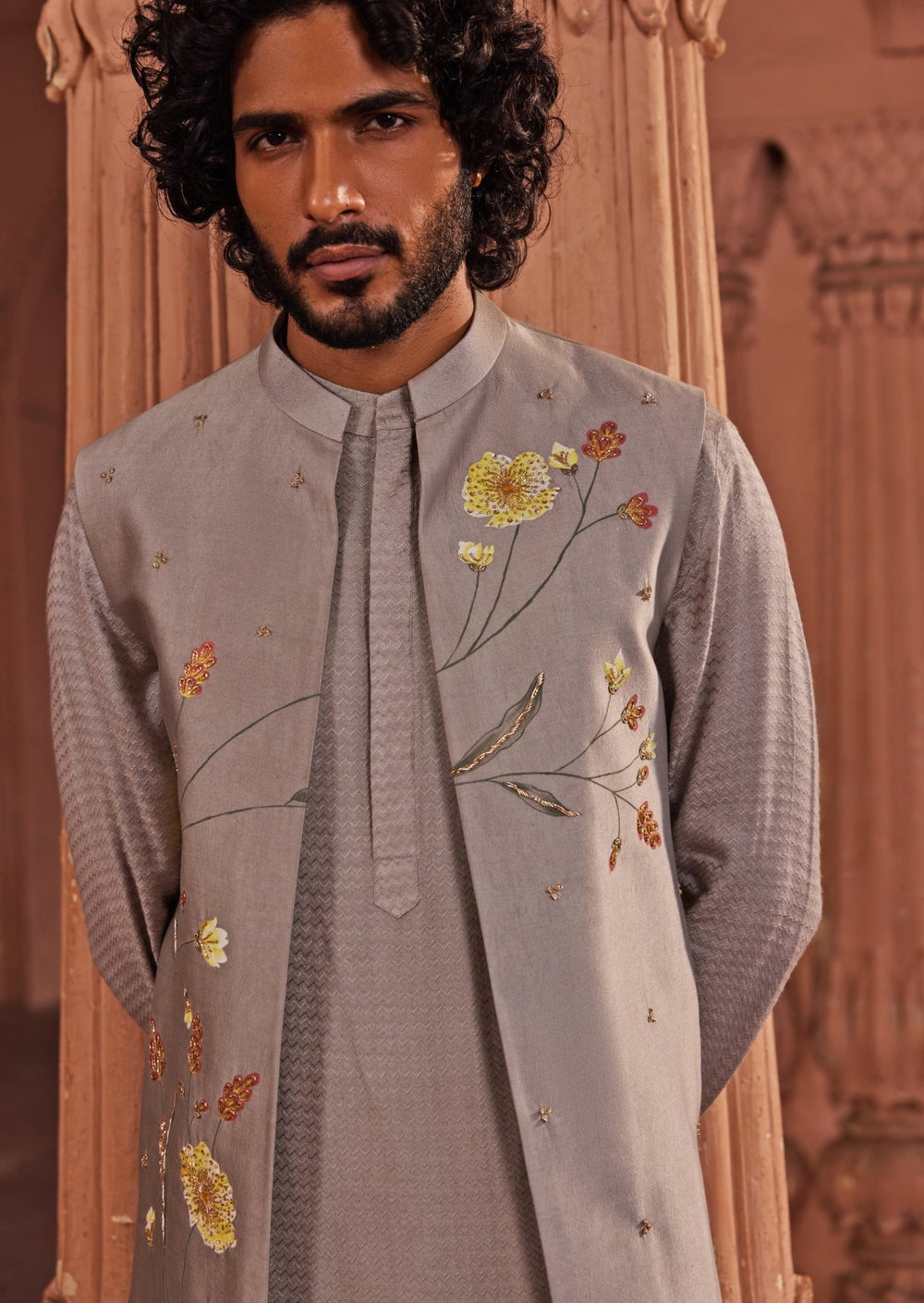 Dusty Olive Hand Painted Nehru Jacket Set Contrast By Parth - Fabilicious Fashion