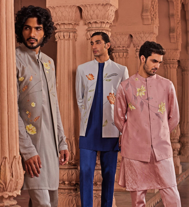 Dusty Olive Hand Painted Nehru Jacket Set Contrast By Parth - Fabilicious Fashion