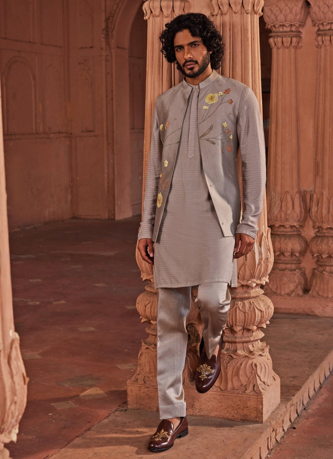Dusty Olive Hand Painted Nehru Jacket Set Contrast By Parth - Fabilicious Fashion