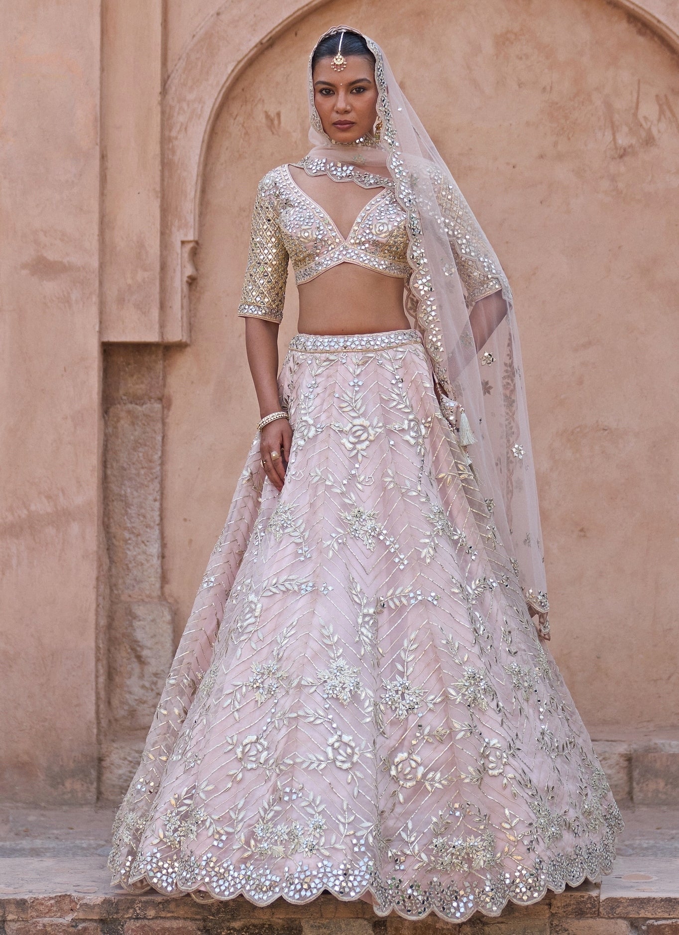 Dusty peach organza pastel Angad Singh bridal lehenga