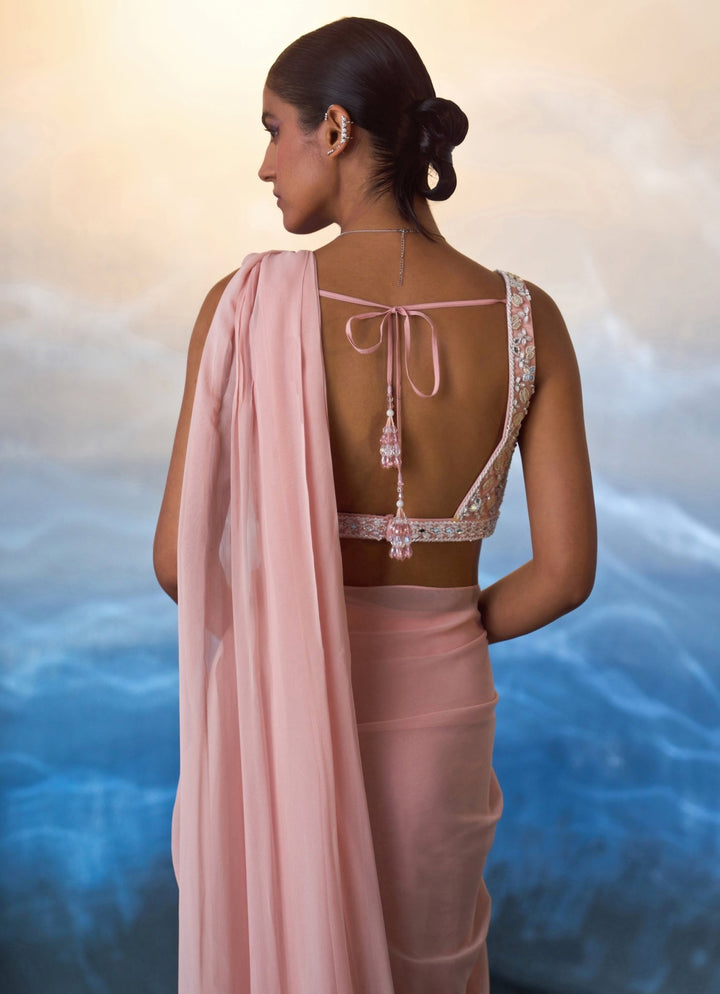 Dusty Peach Sequined Georgette Predraped Saree Angad Singh - Fabilicious Fashion
