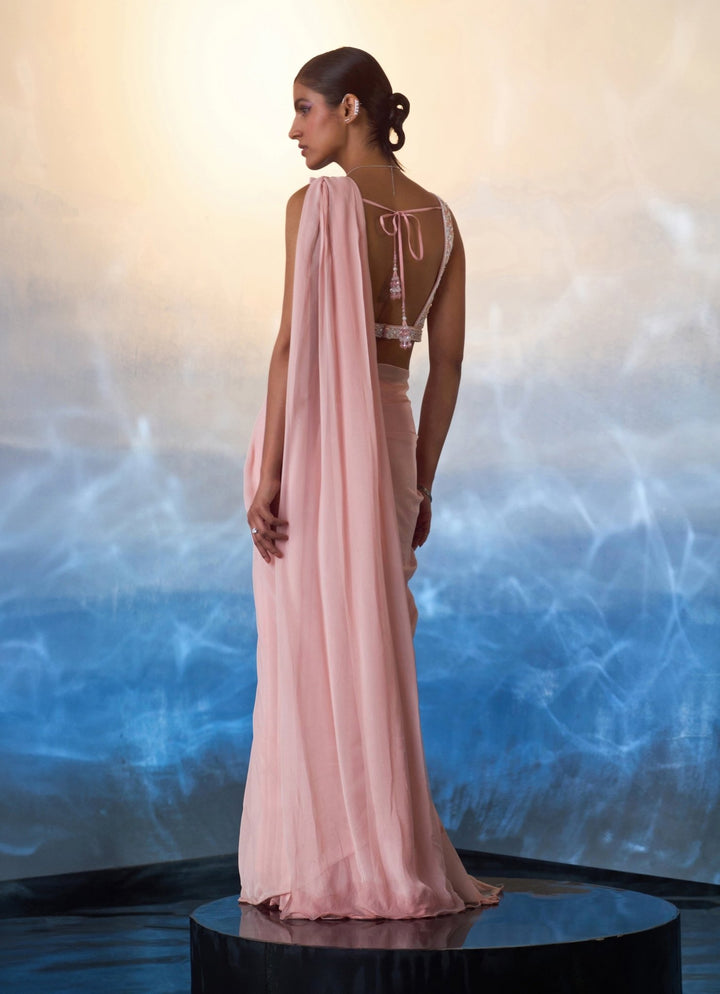 Dusty Peach Sequined Georgette Predraped Saree Angad Singh - Fabilicious Fashion