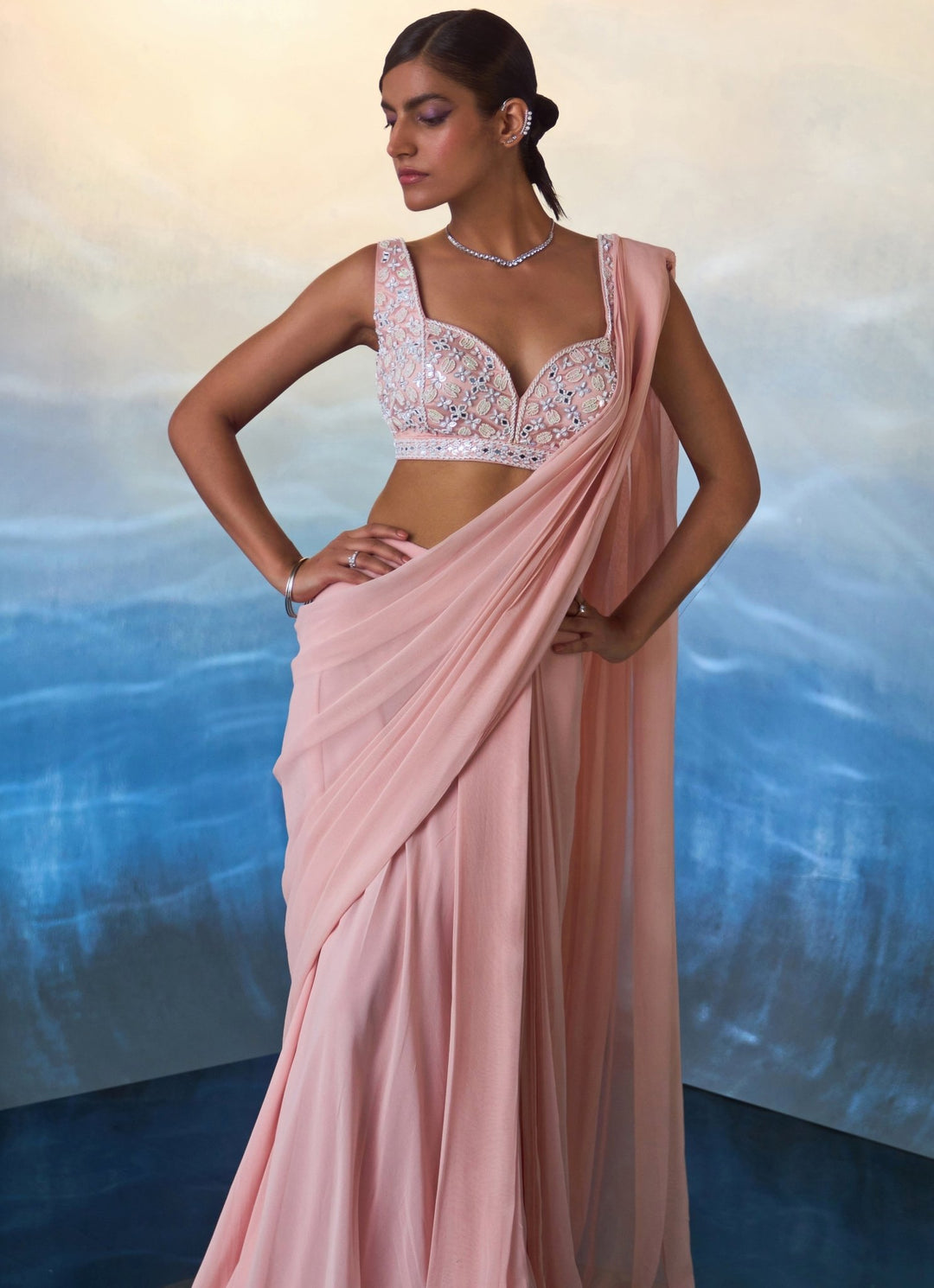 Dusty Peach Sequined Georgette Predraped Saree Angad Singh - Fabilicious Fashion