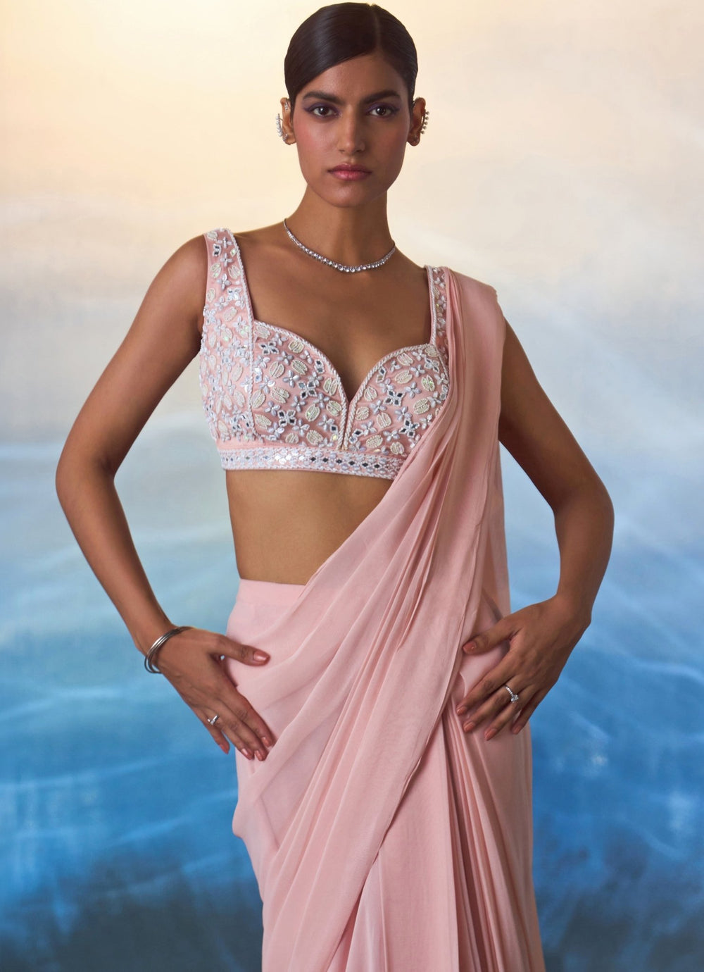 Dusty Peach Sequined Georgette Predraped Saree Angad Singh - Fabilicious Fashion