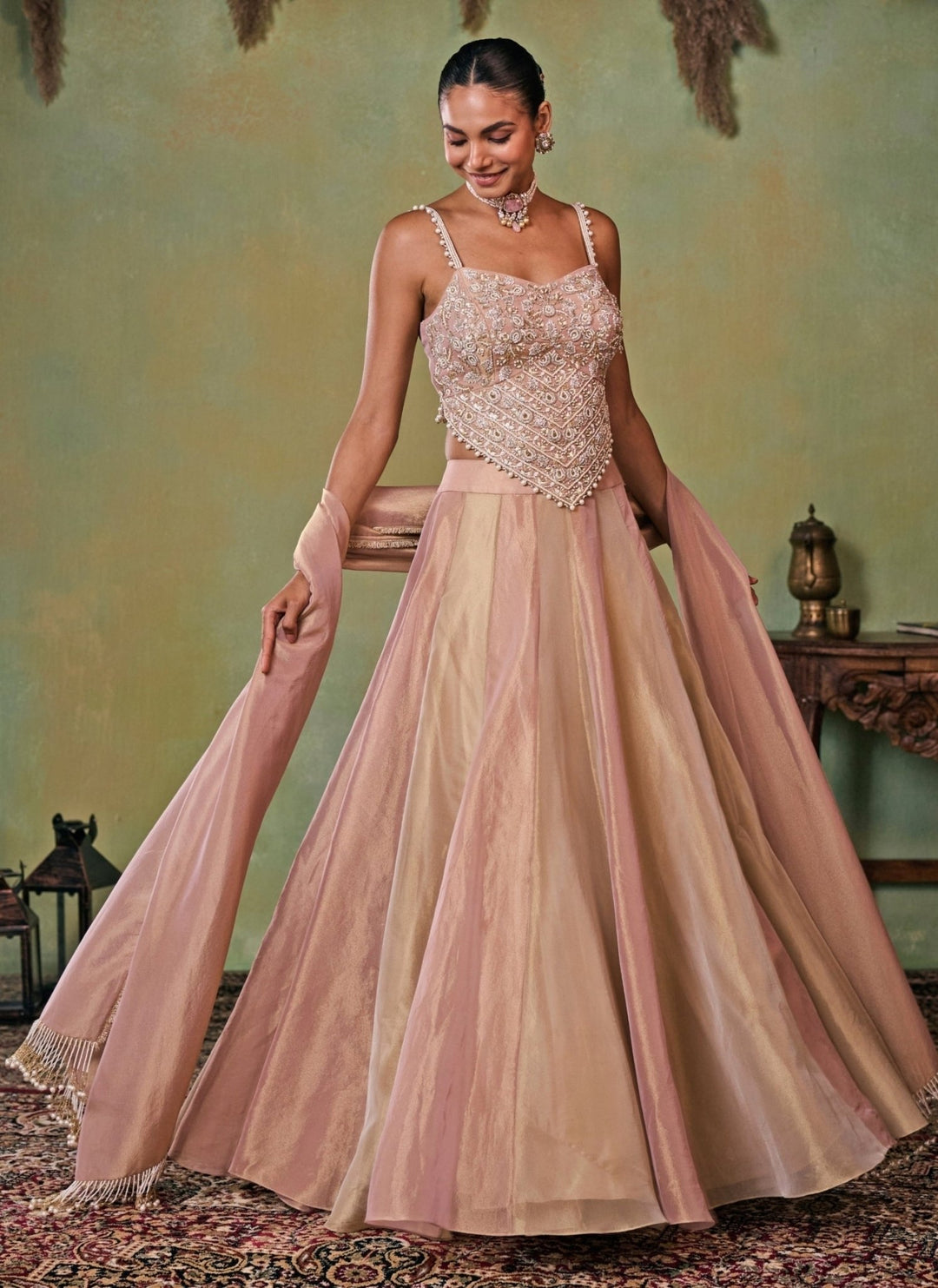 Seema Thukral Dusty Pink And Gold Tissue Corset Lehenga SetFabilicious Fashion