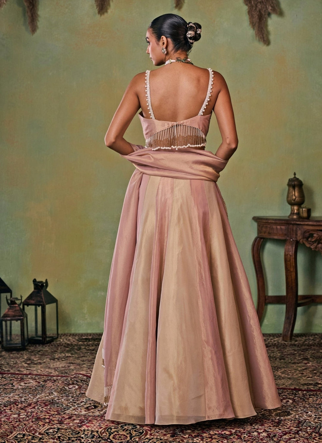 Seema Thukral Dusty Pink And Gold Tissue Corset Lehenga SetFabilicious Fashion