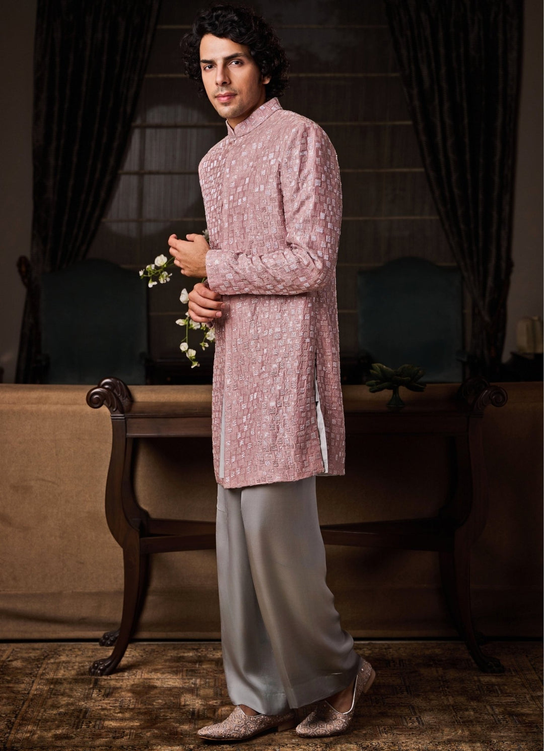 Dusty Pink and Grey Raw Silk Sherwani with Farsi Pyjama Nitika Gujral - Men - Fabilicious Fashion