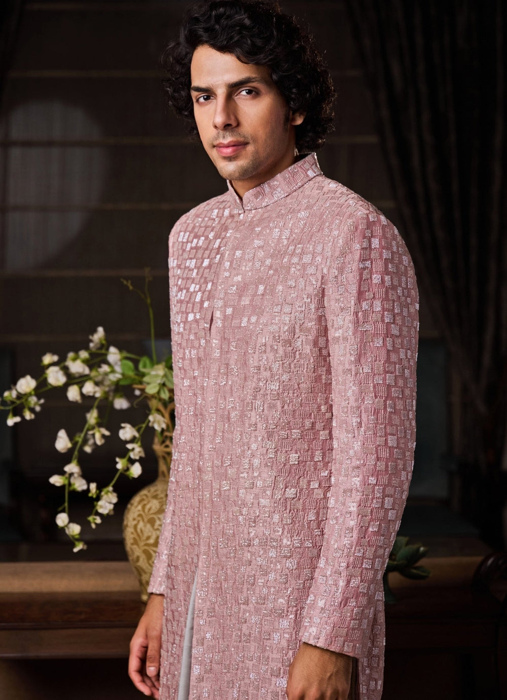 Dusty Pink and Grey Raw Silk Sherwani with Farsi Pyjama Nitika Gujral - Men - Fabilicious Fashion
